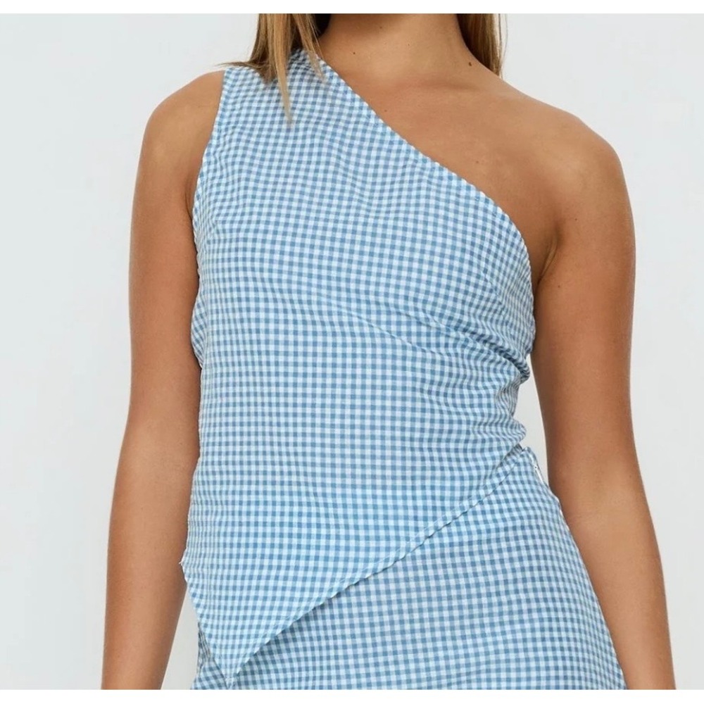 NWT Princess Poly Womens Dirst One Shoulder Top‎ 6 Blue Gingham Hankerchief
